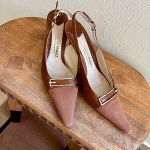 Bruno Magli Two-Tone Brown Pointed Slingback Leather Pumps with Fabric Toe